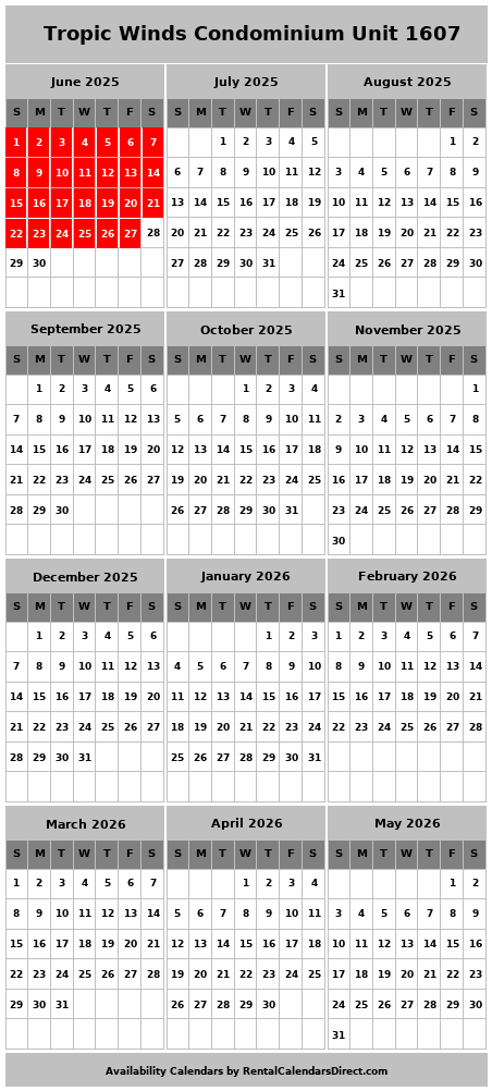 Availability Calendar - Tropic Winds Unit 1607 in Panama City Beach